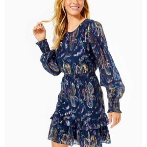 NWT • Lilly Pulitzer • Size 2 • Dotti Ruffled Printed Metallic Silk Dress